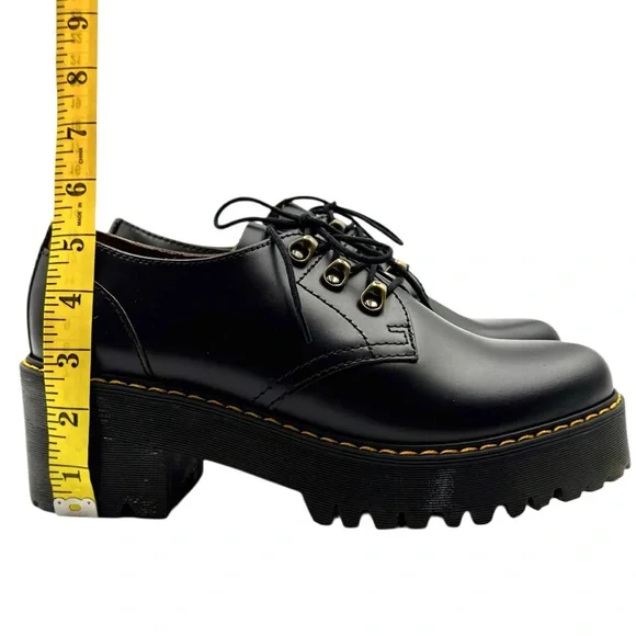 Dr. Martens Leona Low Platform Derby Shoes - Black Vintage Smooth Leather Size 9